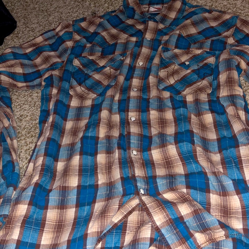 True Religion Mens Blue Brown Plaid Flannel LS Western Pearl Snap Up Shirt SZ 2X - Picture 4 of 4